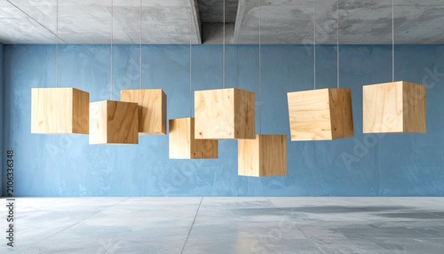 Seven Wooden Cubes Suspended from Concrete Ceiling on Thin Cords in a Minimalist Room with Blue-Gray Wall