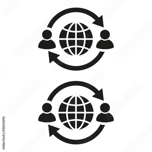 Global communication and partnership icons with people and earth globe  international teamwork icon