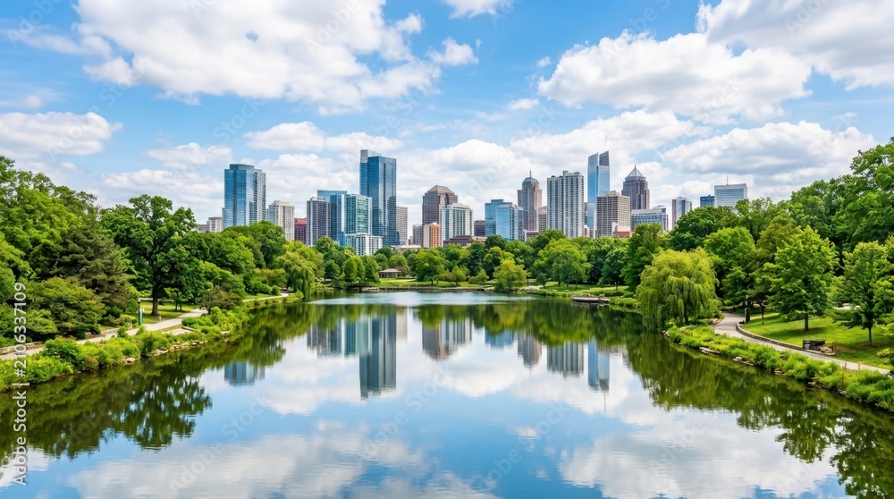 Fototapeta premium Modern city skyline reflecting in a calm lake surrounded by lush green trees in a sunny public park during the day