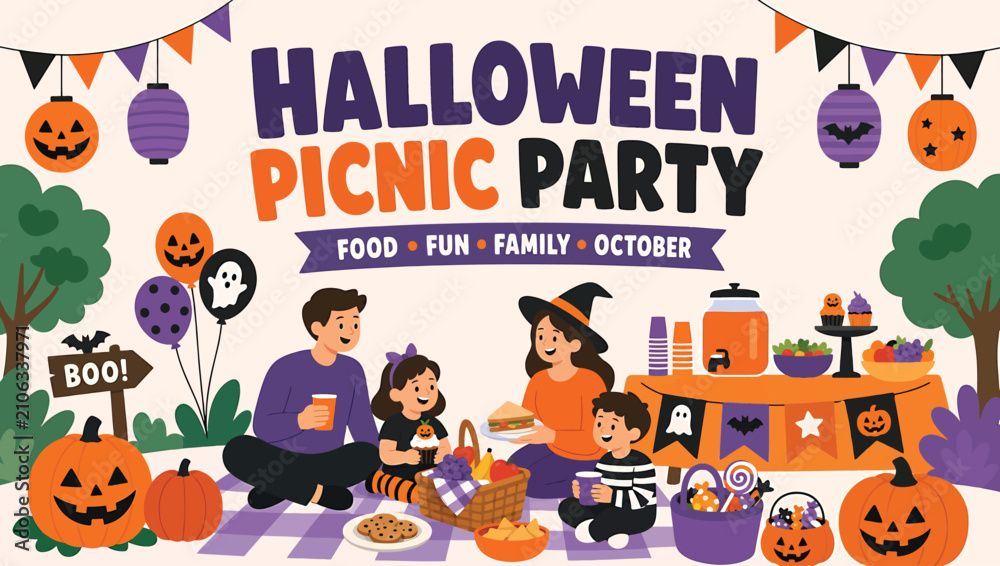 Fototapeta premium Happy family having a halloween picnic party in the park with pumpkins, food, and decorations flat vector illustration