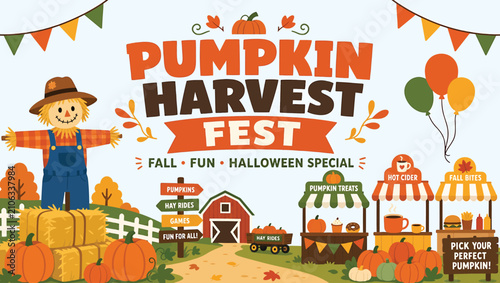 Bild auf Leinwand Pumpkin harvest fest poster with scarecrow, pumpkins, hay bales, food stalls, an
