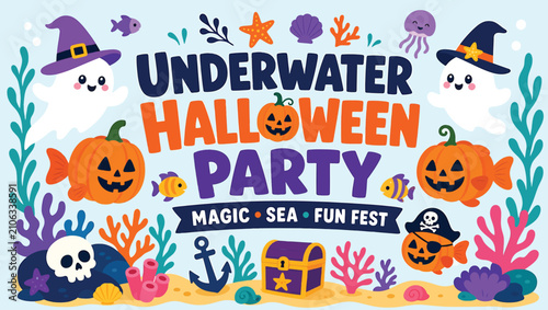 Underwater halloween party background with cute ghosts, jackolanterns, pirate pumpkin, treasure chest, coral reef, sea creatures, and anchor, festive vector illustration