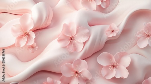 Elegant pink silk fabric background with cherry blossoms, soft satin waves with floral petals, luxury pastel textile texture for beauty and wedding design