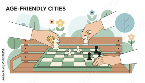 Hands of senior citizens playing a strategic game of chess on a wooden park bench to demonstrate age-friendly city initiatives.