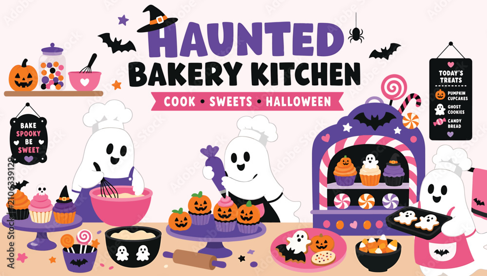 Fototapeta premium Cute ghosts baking in a haunted bakery kitchen for halloween, cartoon vector illustration with cupcakes, cookies, and candy treats for a spooky holiday celebration