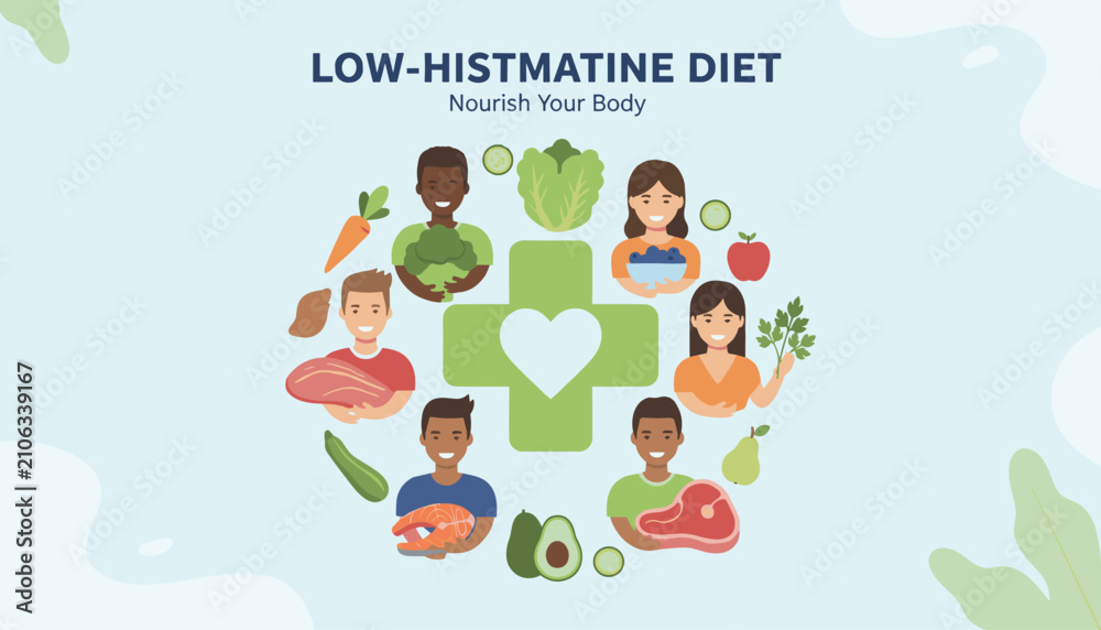 Fototapeta premium Diverse group of people holding healthy foods surrounds a medical cross with a heart for a low histamine diet infographic.