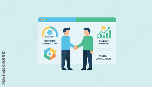 Two business partners shake hands to finalize a deal, highlighting customer satisfaction, revenue growth, and system optimization.