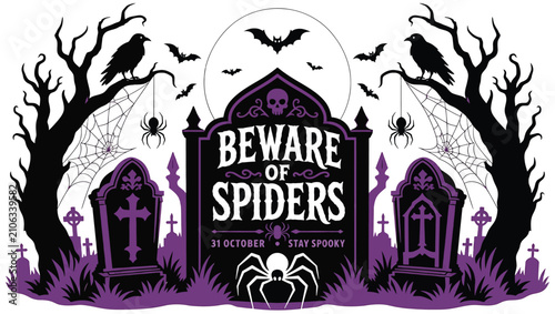 Spooky halloween graveyard scene with beware of spiders sign, featuring creepy trees, gravestones, bats, spiders, and ravens perfect for october 31st