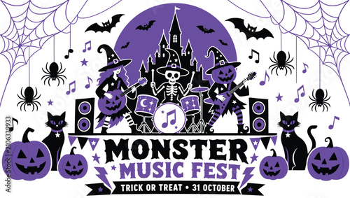 Halloween monster music fest with witches, skeleton drummer, pumpkin guitarist, bats, spiders, cats, pumpkins, music notes, and castle