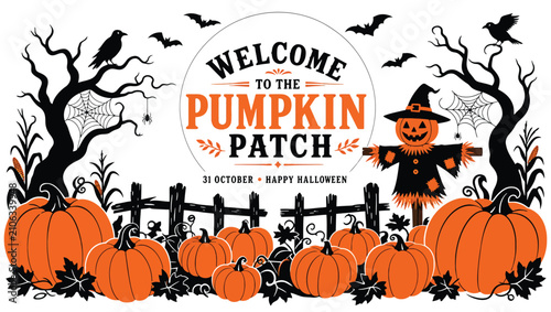 Quadro su tela Welcome to the pumpkin patch halloween illustration with pumpkins, scarecrow, ba