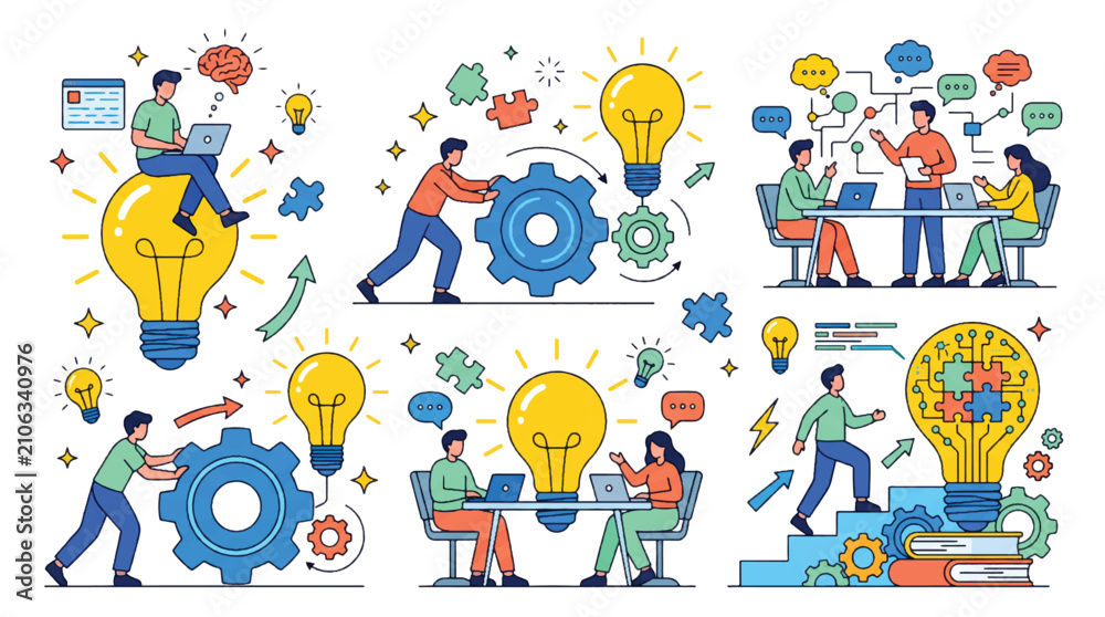 Fototapeta premium Creative idea generation brainstorming and business innovation concept illustration set 