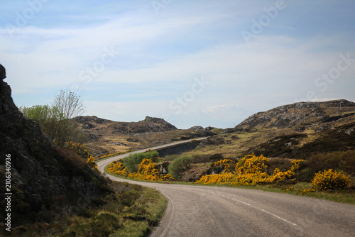 Foto Wee Mad Road view by sunny noon, between Lochinver and Kylesku, North Scotland