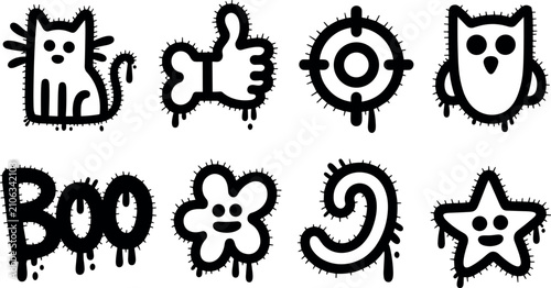 Foto Set of trendy graffiti style sticker elements including cat, thumbs up, target, owl, Boo text, flower, and stars