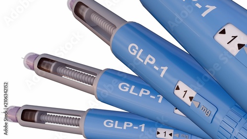 Canvas-taulu A 3D render of blue injectable medication pens