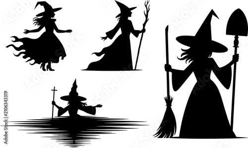 Photos Set of witch silhouettes with broomstick and staff for Halloween designs, isolated on a white background, black graphic art