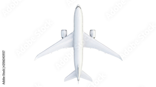 Top view of a modern white passenger airplane isolated on transparent background