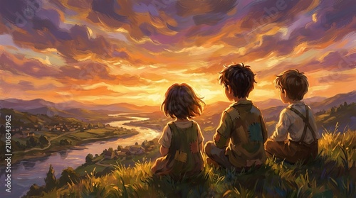 Three children sitting on a hillside watching a stunning sunset over valleys and rivers