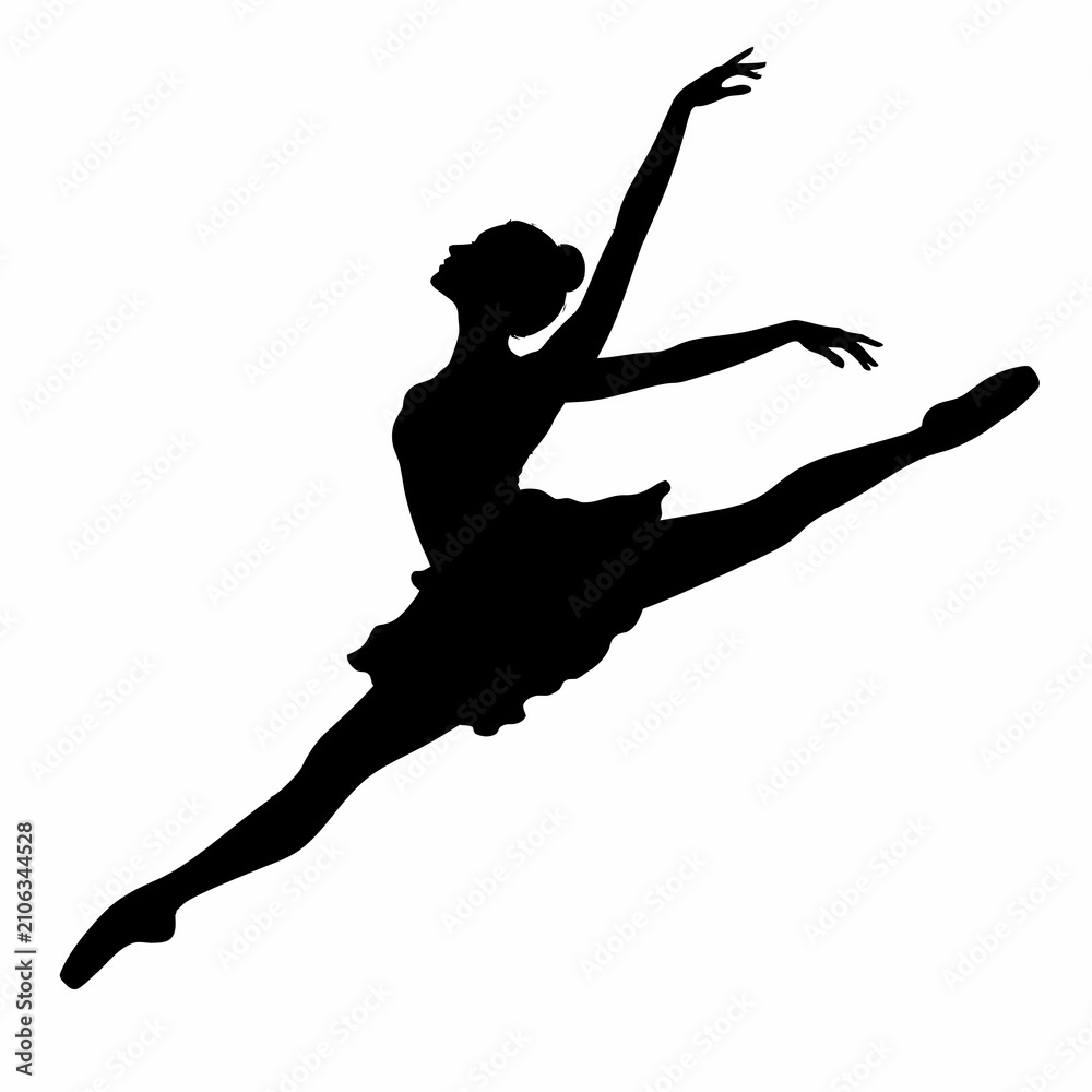 Fototapeta premium Black silhouette of a female ballet dancer performing a grand jeté leap mid-air with extended arms and legs, wearing a tutu and pointe shoes, isolated on a white background.