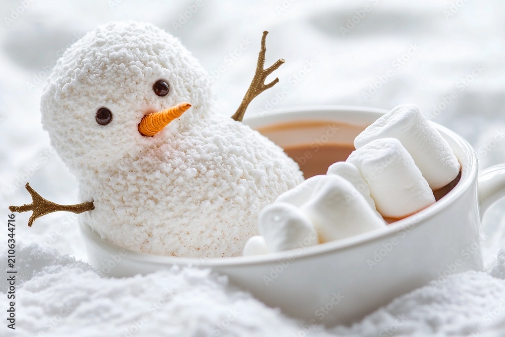 Obraz premium Snowman made of marshmallows in hot chocolate with candy cane decoration