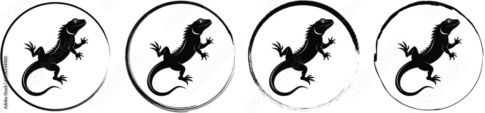 Fototapeta premium Collection of four circular badges showing a black silhouette of a lizard climbing, isolated on a white background