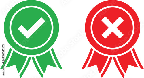 Green check mark and red cross mark award ribbon icons for correct and incorrect choices