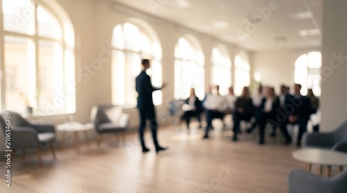 Blurred business speaker presenting to audience in bright modern office meeting room setting