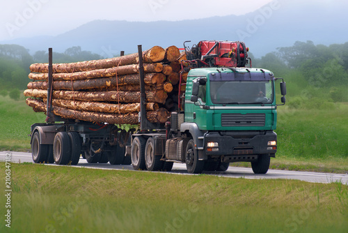 Foto Heavy vehicle hauling wood through countryside