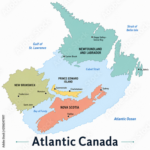 Bild auf Leinwand Atlantic Canada Region Color Political Map – Clean Minimal Vector Illustration