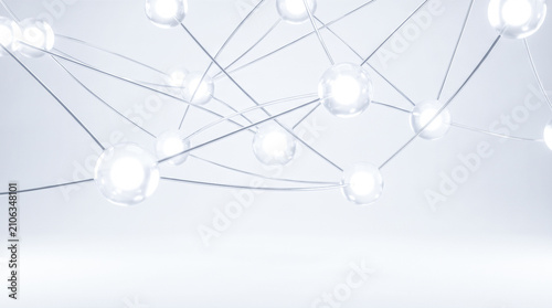 Glowing glass spheres connected by thin metal wires forming complex abstract network structure over clean white background representing futuristic communication data nodes