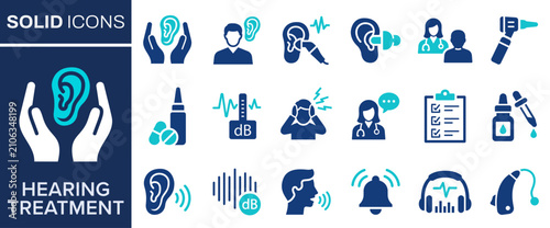 Hearing treatment solid icons set. Representing hearing care, audiology, diagnostics, hearing aids, ear protection and rehabilitation symbol.