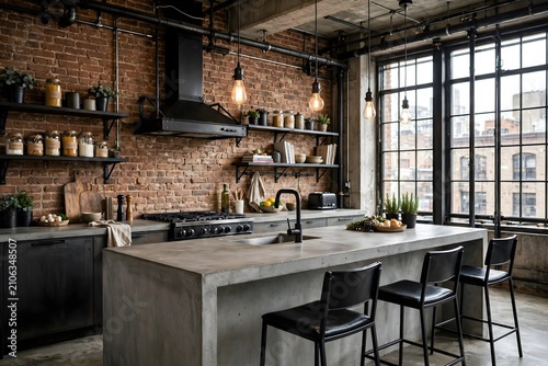 Industrial kitchen design with brick wall and concrete island