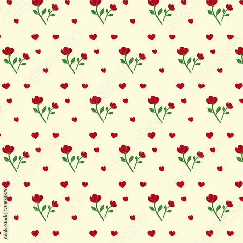 Cute seamless pattern with red flowers and hearts