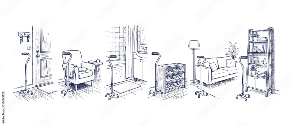 Obraz premium Quad cane mobility aid safety illustration showing walking stick placed in different home rooms like living room, bathroom, and entryway for elderly fall prevention and senior independent living.
