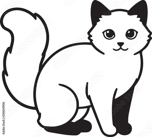 Принти на полотні A charming illustration of a fluffy cat with large expressive eyes and a bushy tail, rendered in a simple black and white linework style