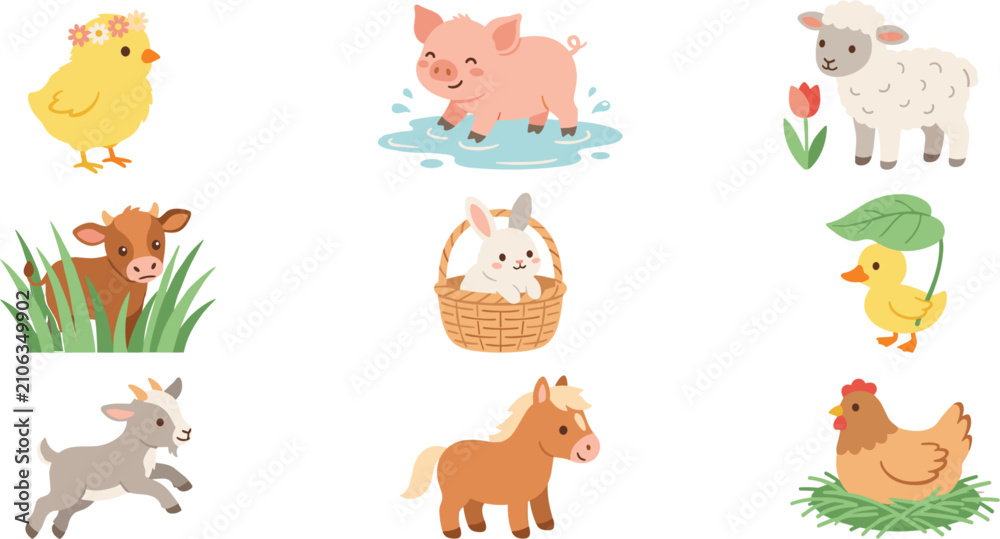 Naklejka premium Cute Farm Animal Vector Icon Set Featuring Baby Chick Pig Cow Rabbit Sheep Duck Goat Horse and Chicken Characters for Kids and Children Designs