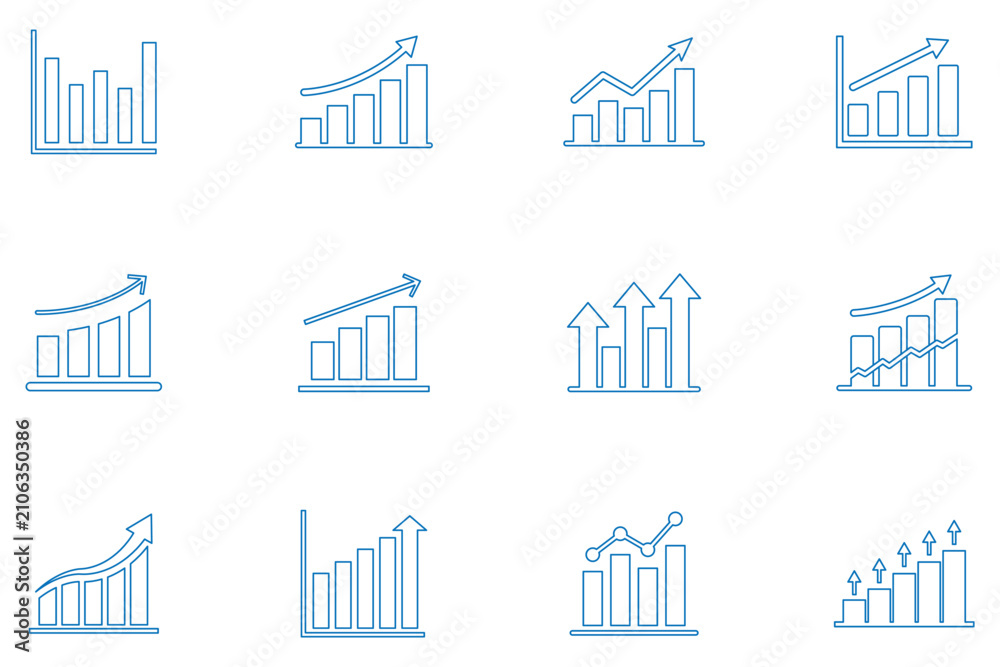 Fototapeta premium Growing bar graph icon set. Editable stroke. Business growth chart icon with upward arrow, minimal outline bar graph symbol. eps 10