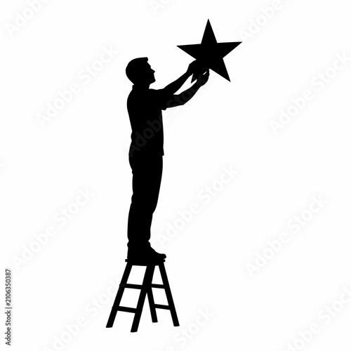 Black silhouette of a man standing on a small stepladder reaching up to hold a large five-pointed star icon, isolated on a white background, representing goal achievement.