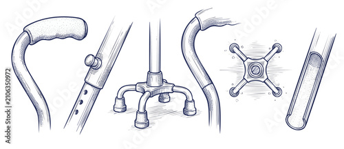 Bild auf Leinwand Walking cane mobility aid illustrations showing adjustable quad cane parts, ergonomic handles, offset grip, and height adjustment mechanism