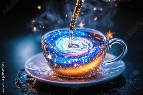 Pouring thick syrup into a white coffee cup creating a swirling space galaxy vortex