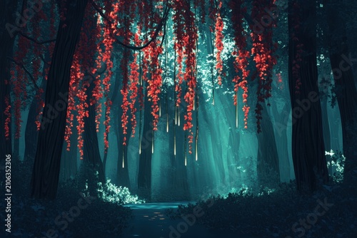 Enchanted maple forest with sweet golden syrup dripping from hanging autumn leaves