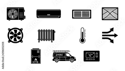 Bobi Icon Set of Hvac, Air Conditioner, Thermostat, Heater, Ventilation and Cooling Symbols for Home Climate Control
