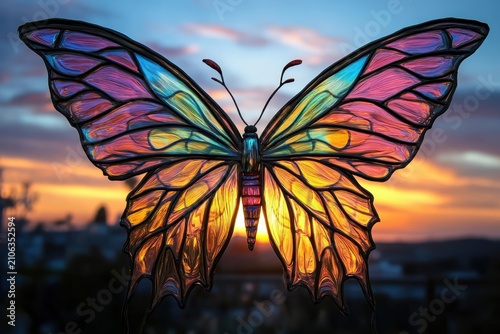 Giant butterfly with vibrant orange and blue glowing wings spread against warm sunset bokeh