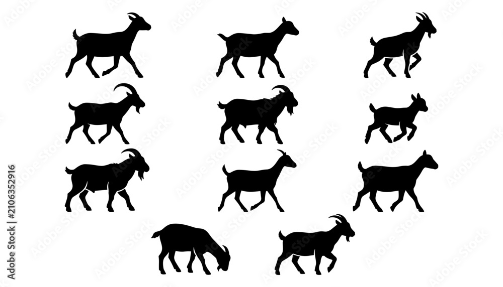Obraz premium Goat Silhouettes Icon Set in Black Vector Style for Farm, Agriculture, and Animal Theme Design Featuring Silhouette, Livestock