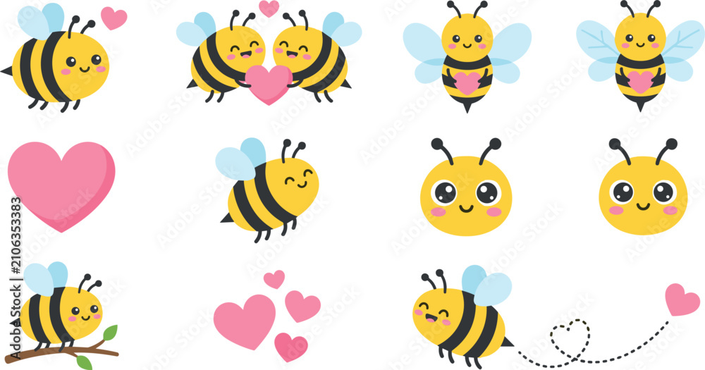 Fototapeta premium Cute Honey Bee and Valentine Love Vector Clipart Set Featuring Happy Bumblebees Holding Hearts, Flying Flight Paths, and Romantic Spring Elements for Kids Designs