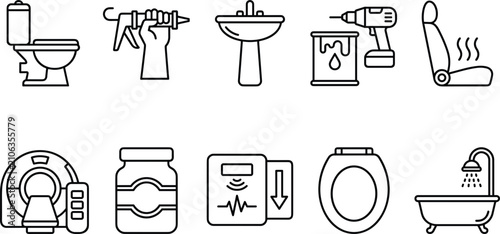 Bathroom renovation and healthcare outline icon collection with plumbing medical and home improvement symbols Bathroom 