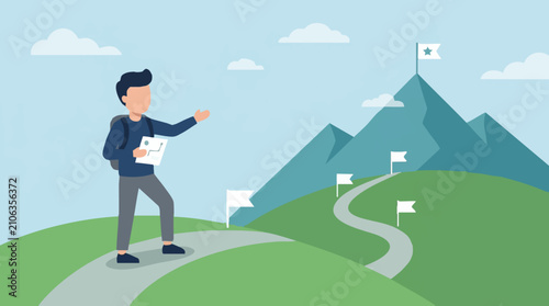 Bild auf Leinwand Illustration of man on a path towards a mountain peak goal with a map