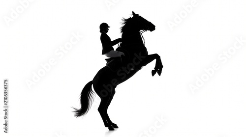 Silhouette of a rider on a rearing horse. Equestrian athlete performing with a stallion.