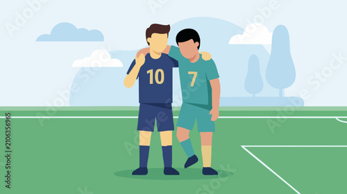 Schilderij op canvas Two male soccer players demonstrating teamwork and sportsmanship on field