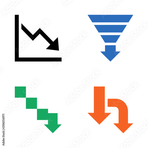 Set of colorful business icons representing financial loss and marketing sales funnel process