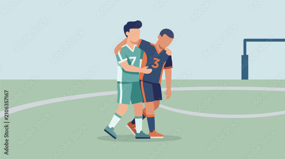 Obraz premium Soccer players showing sportsmanship and support for injured teammate